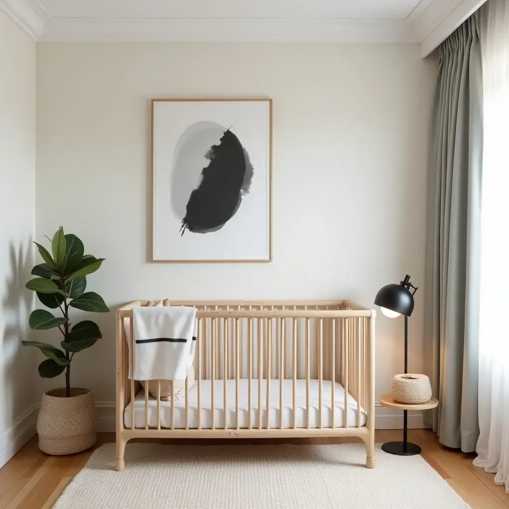 a photo of a nursery with a blend of modern art and vintage charm