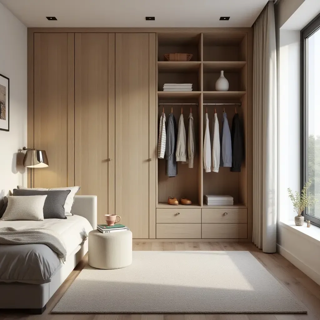 a photo of a small teen room with a compact wardrobe