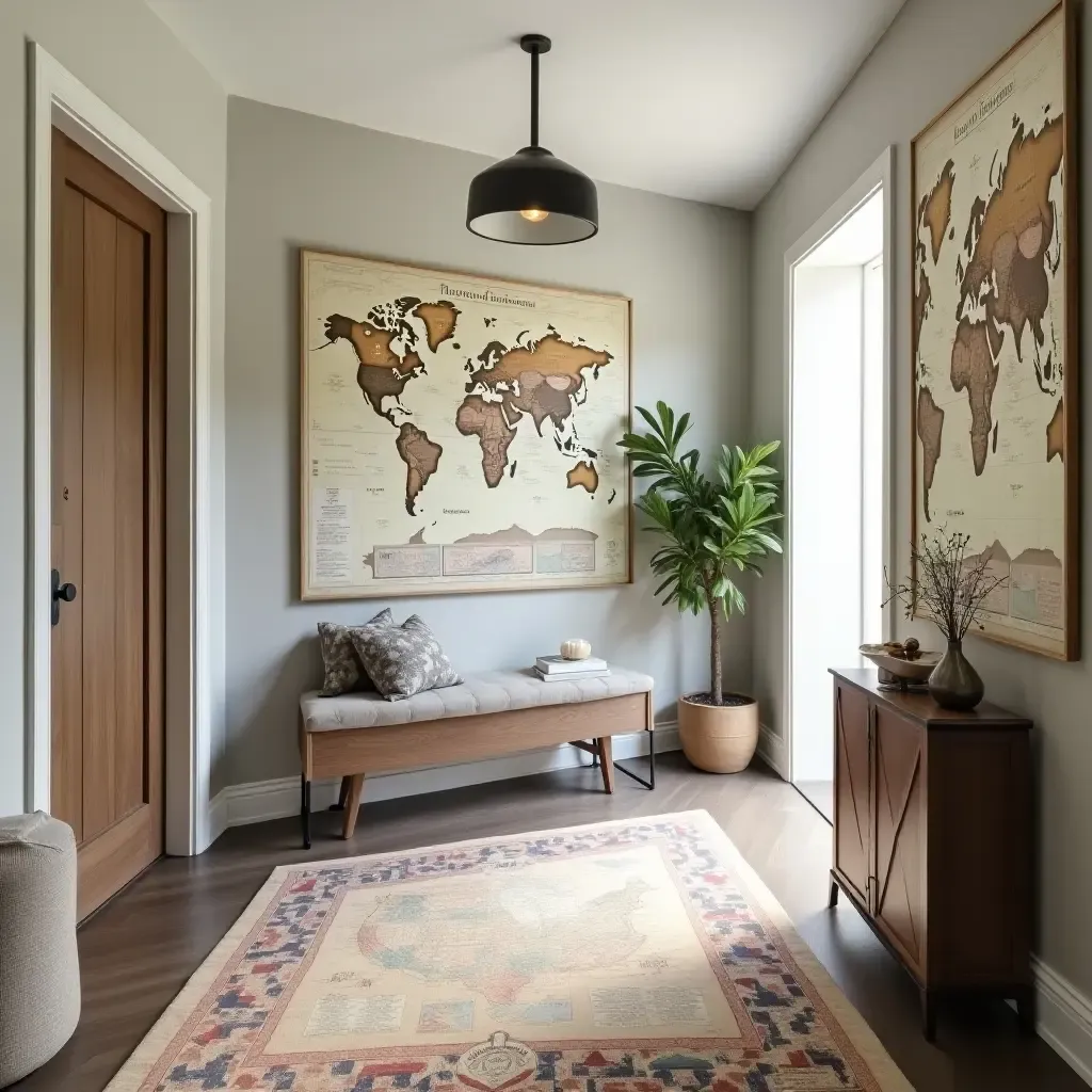 a photo of an entrance hall featuring a vintage map and travel-themed decor