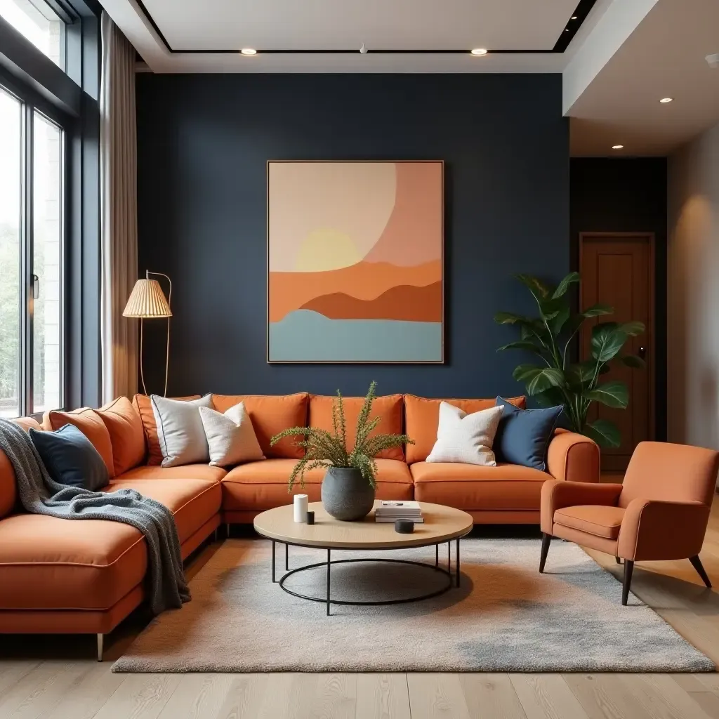 a photo of a contemporary orange and navy living room layout