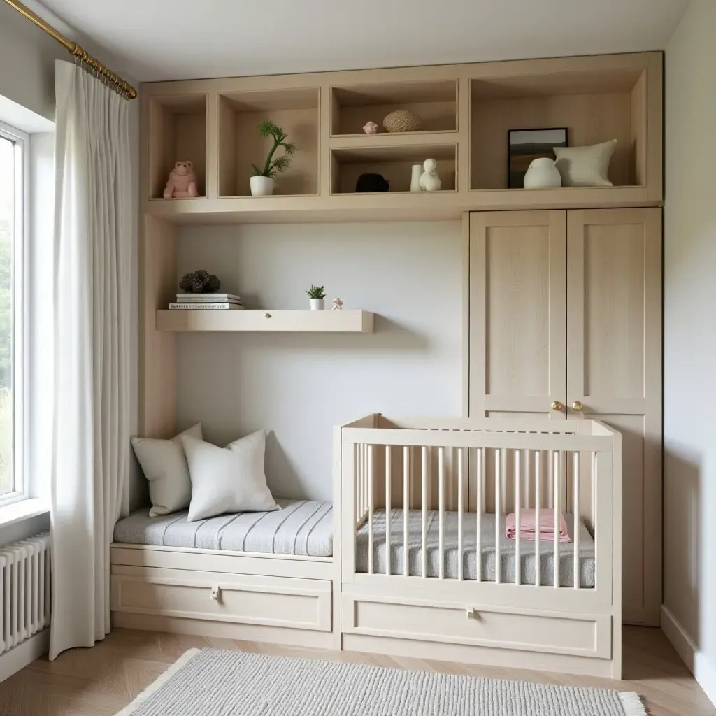 a photo of a nursery with a multifunctional reading nook and storage solutions