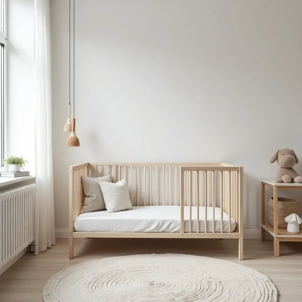 a photo of a Scandinavian nursery with clean lines and functional design