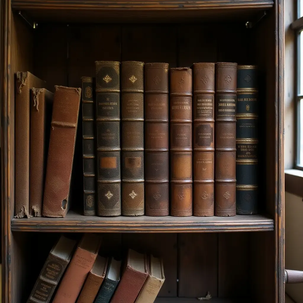 a photo of a vintage bookshelf filled with classic novels in a farmhouse setting