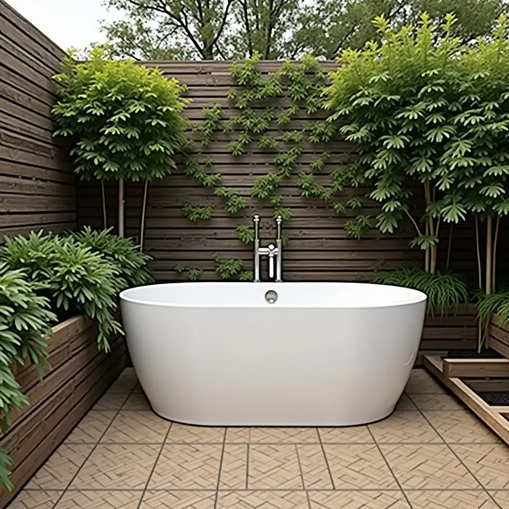 a photo of a freestanding tub with a wooden deck and plants