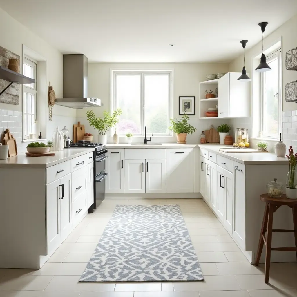 a photo of a bright kitchen featuring a patterned tile rug