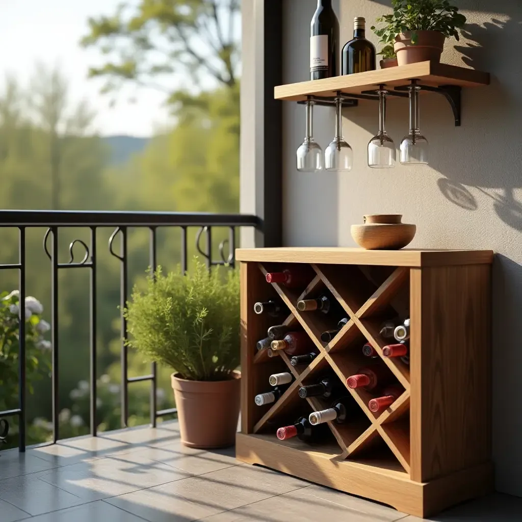 a photo of a balcony with a wooden wine rack and glasses