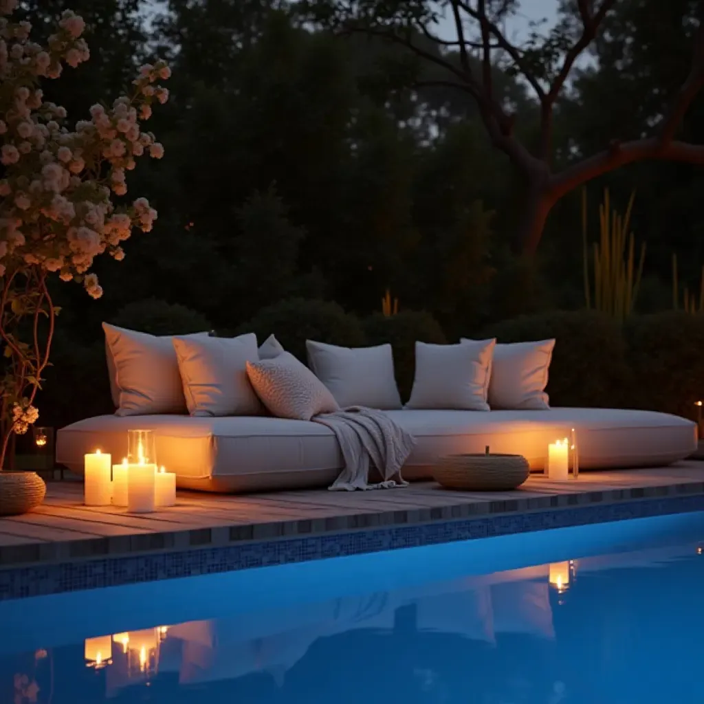 a photo of a cozy evening lounge by the pool with candles and soft pillows