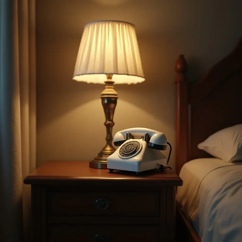 a photo of a nostalgic rotary phone on a bedside table