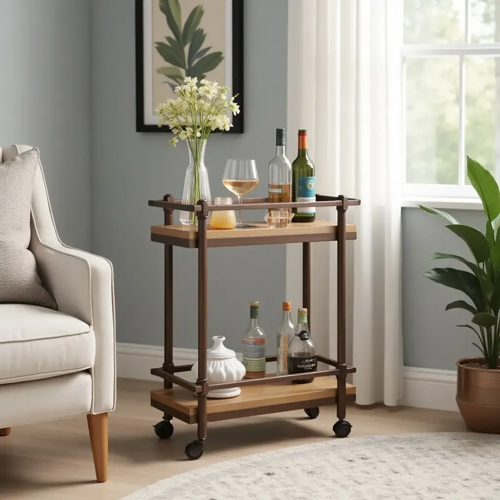 a photo of a sleek, modern bar cart in a living room