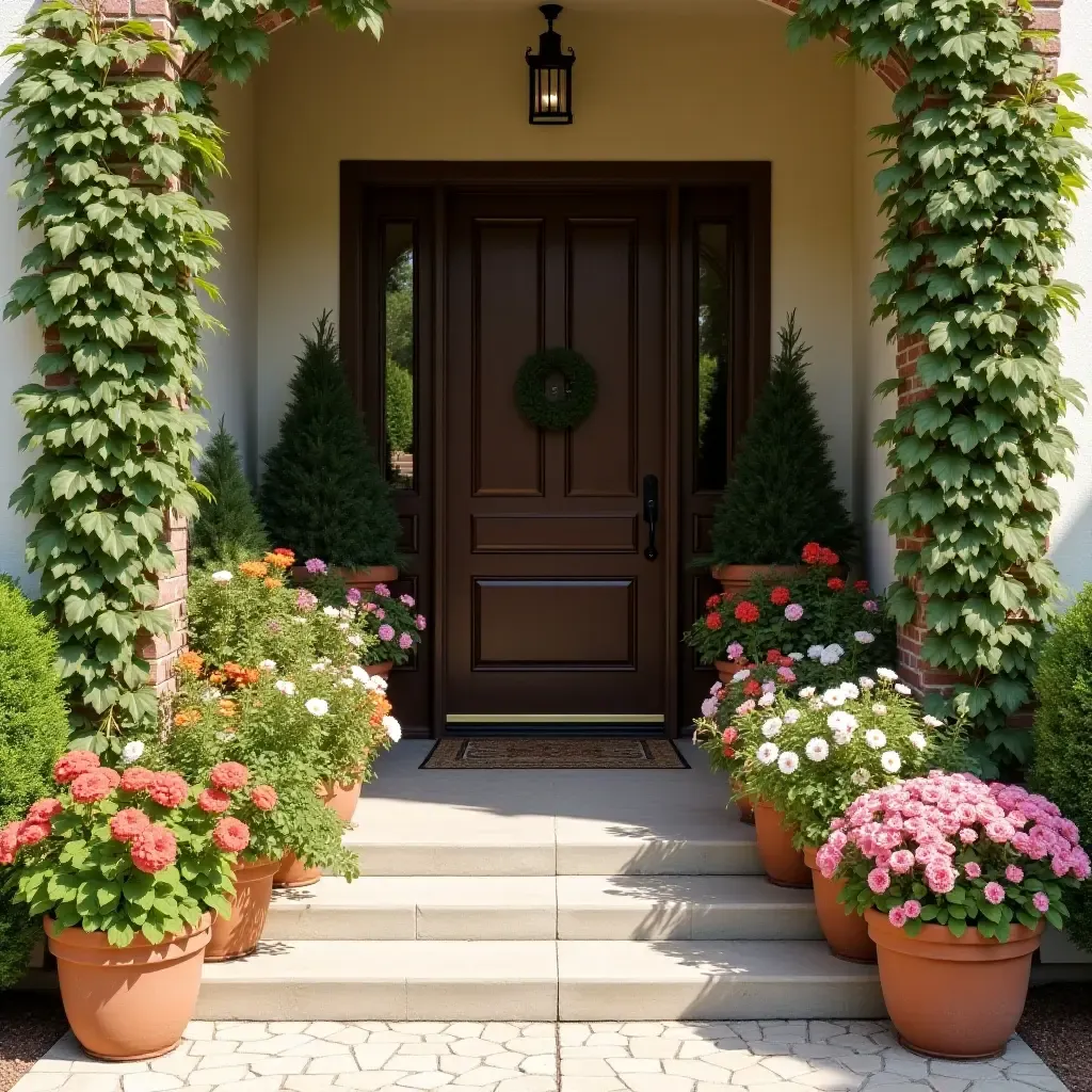 a photo of a bright entrance with a mix of flowers and greenery in pots