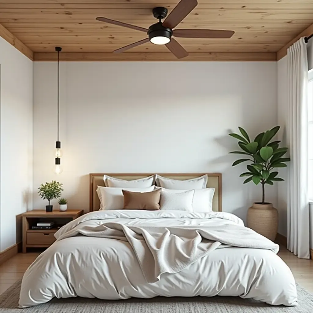 a photo of a bedroom featuring a wooden ceiling fan