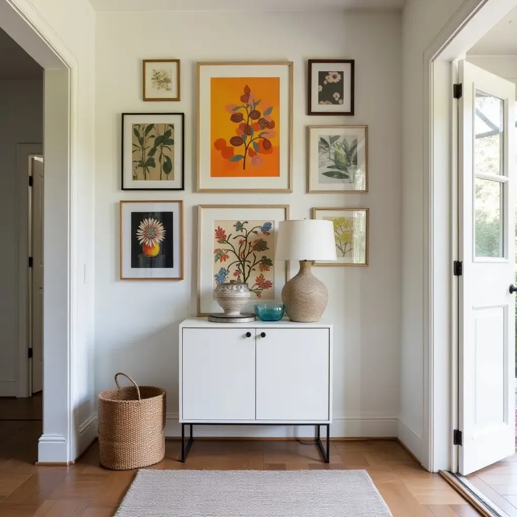 a photo of an entrance hall featuring a wall of mismatched frames and bright art pieces