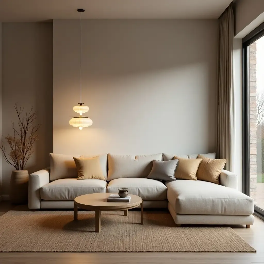 a photo of a serene living room with soft pendant lighting creating a calming atmosphere