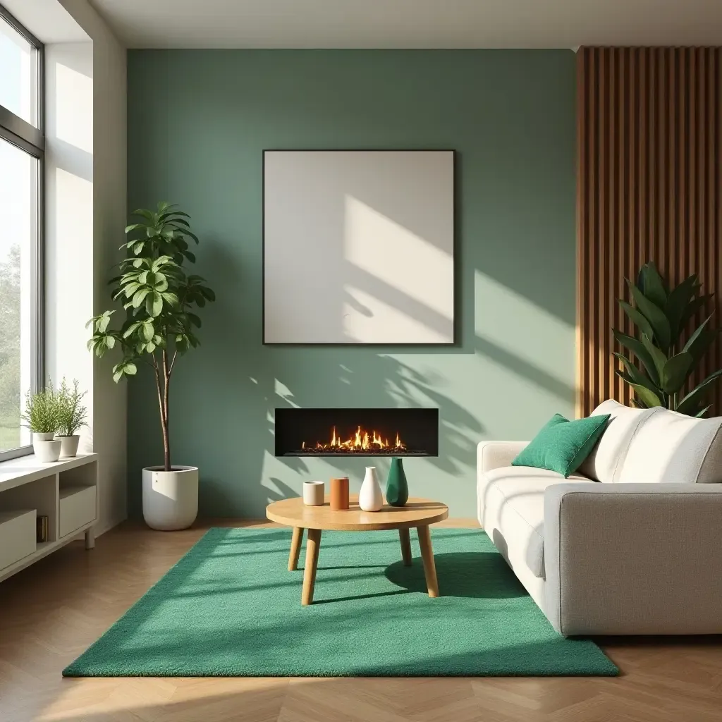 a photo of a cozy living room with a green rug