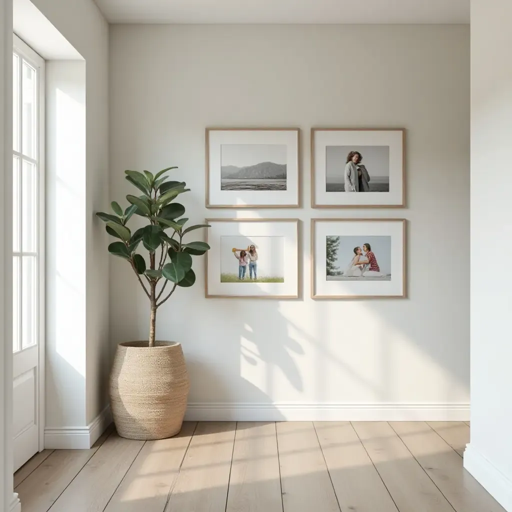 a photo of an entryway gallery wall with framed photos