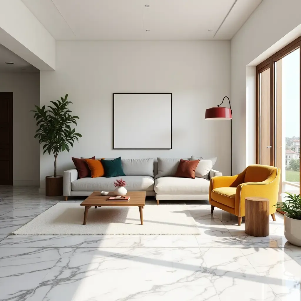 a photo of a bright living room with marble flooring and colorful decor accents