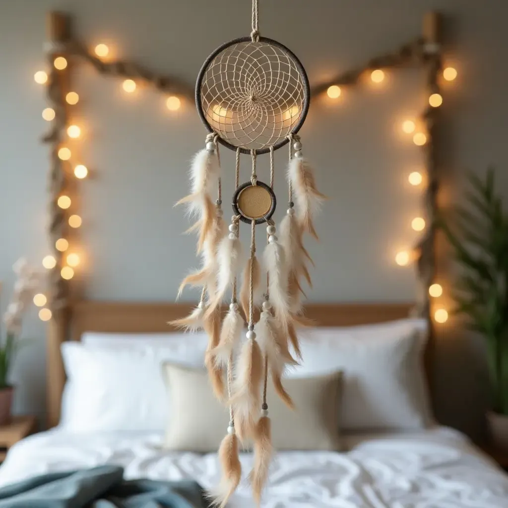 a photo of a whimsical dreamcatcher hanging above a bed