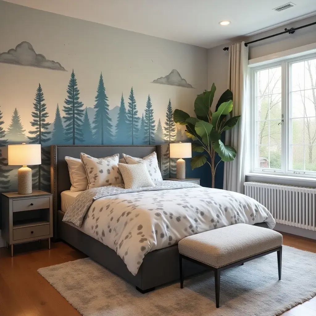 a photo of a stylish teen bedroom with wall murals and statement furniture