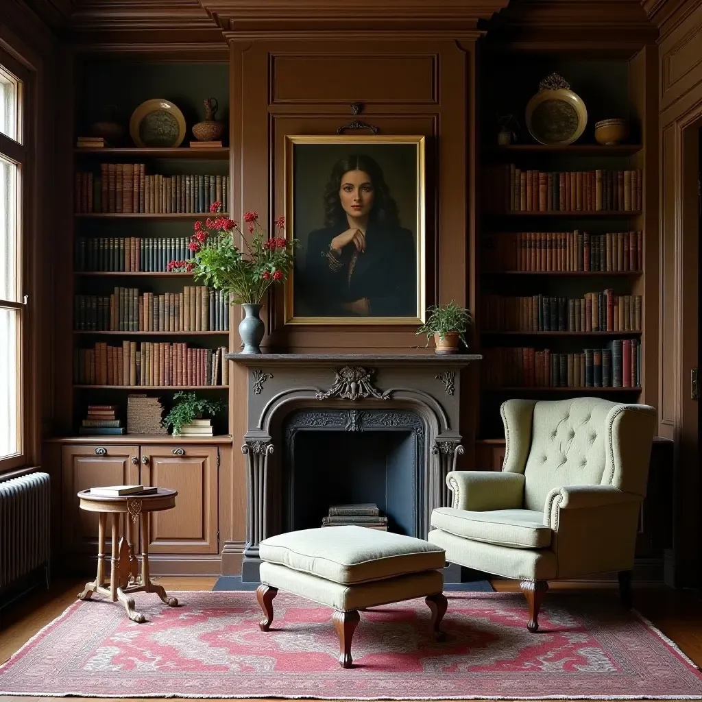 a photo of a farmhouse library with a collection of antique books and decor