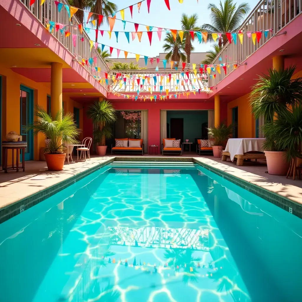 a photo of a festive pool area with colorful streamers and bright party decor