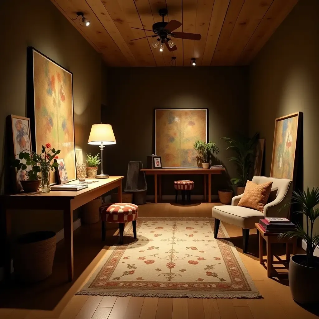 a photo of a luxurious basement art studio with inspiring decor and lighting