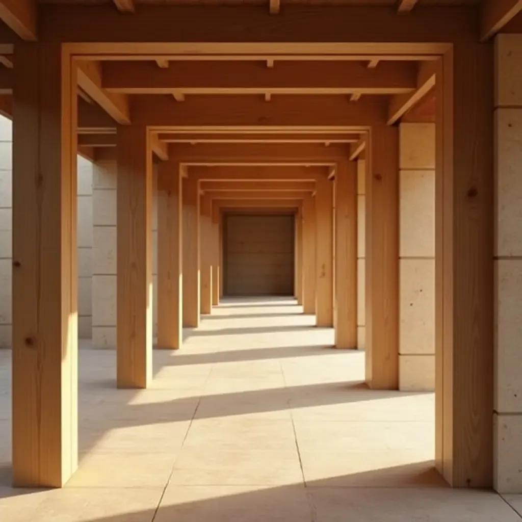 a photo of a corridor with wooden beams and soft lighting