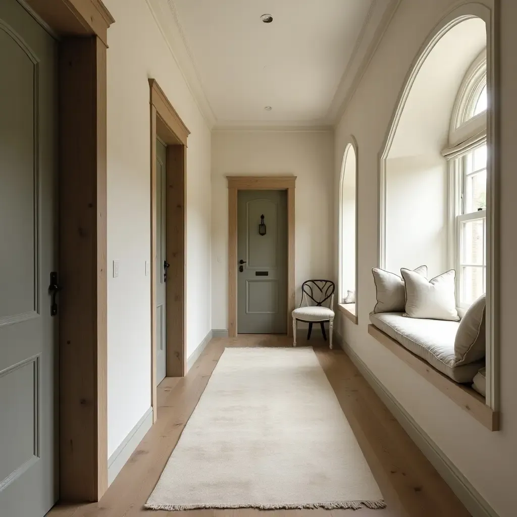 a photo of a charming corridor featuring a cushioned window seat