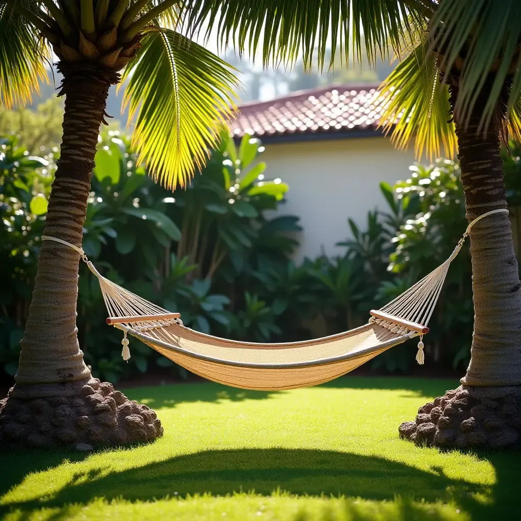 a photo of a hammock strung between palm trees in a backyard