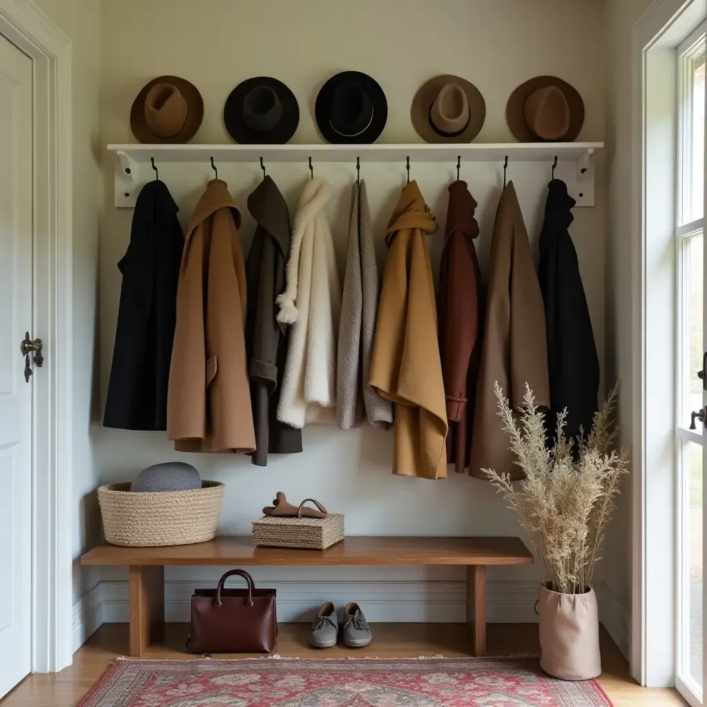 a photo of a charming entryway with a collection of vintage hats and coats