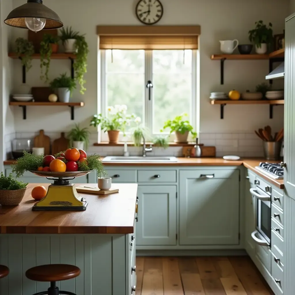 a photo of a charming kitchen with a vintage scale and fresh produce