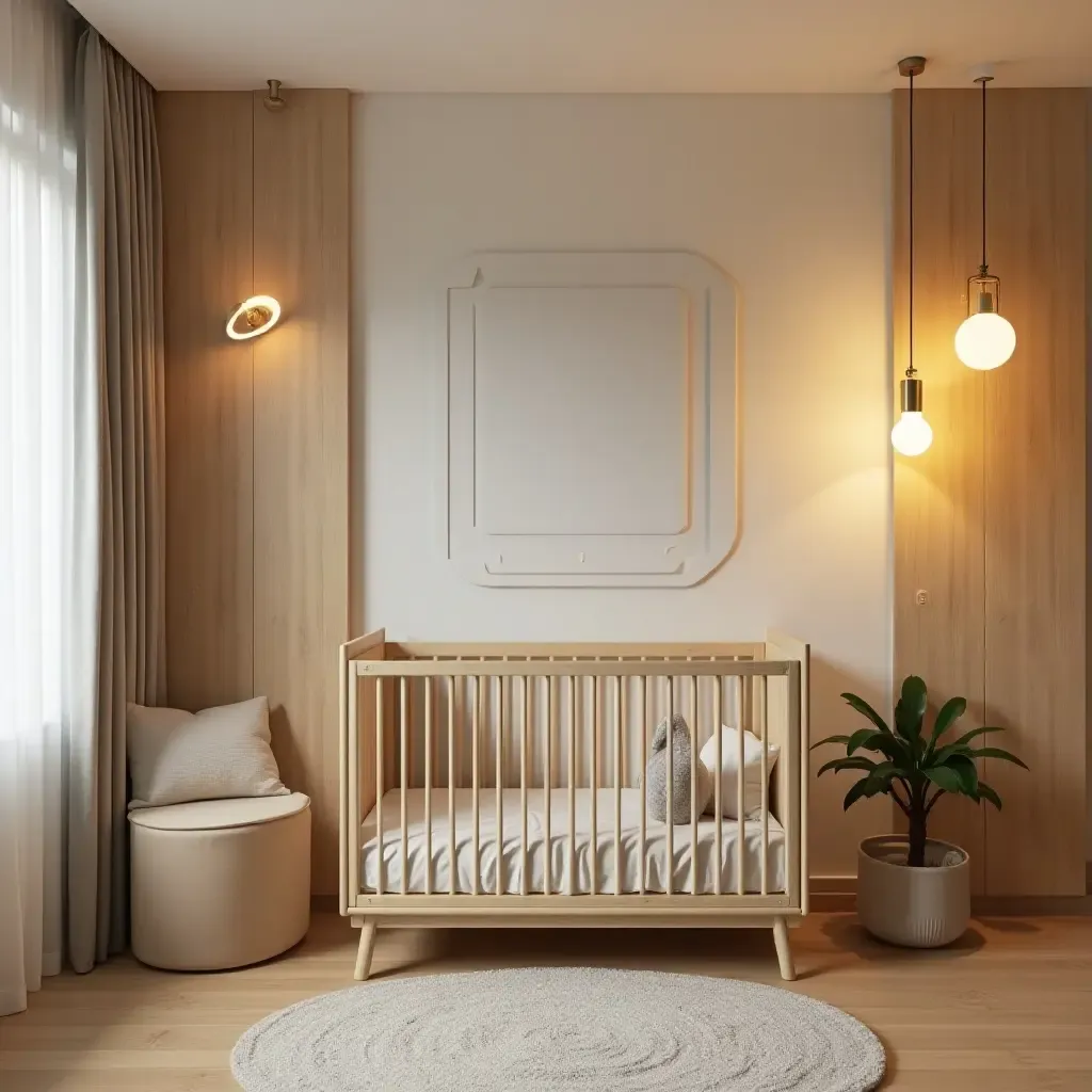 a photo of a nursery with wooden accents and warm lighting