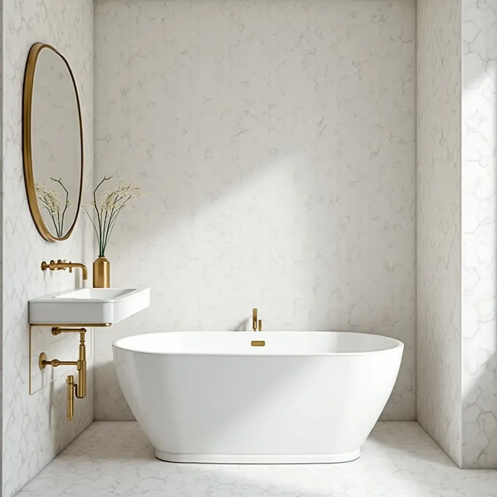 a photo of a luxurious bathroom with marble hexagonal tiles and gold fixtures