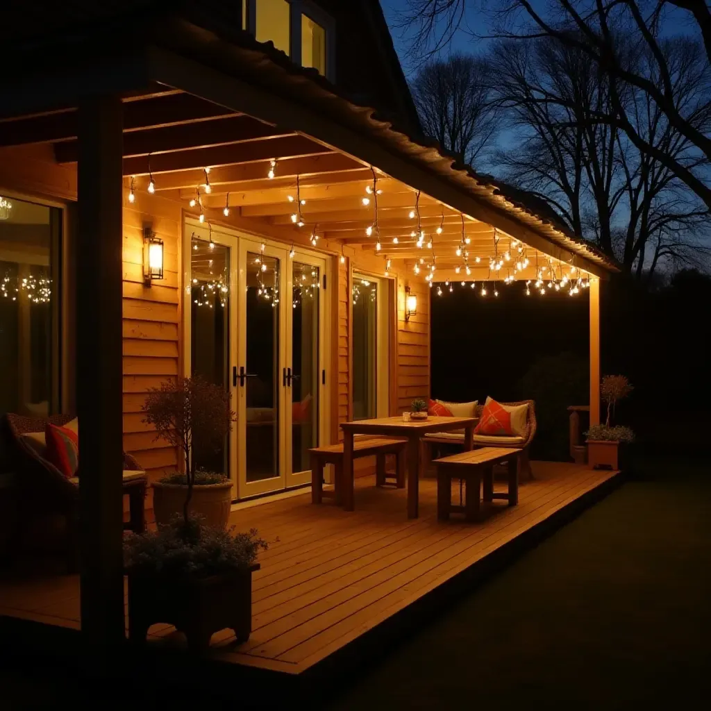 a photo of a balcony adorned with fairy lights and rustic furniture