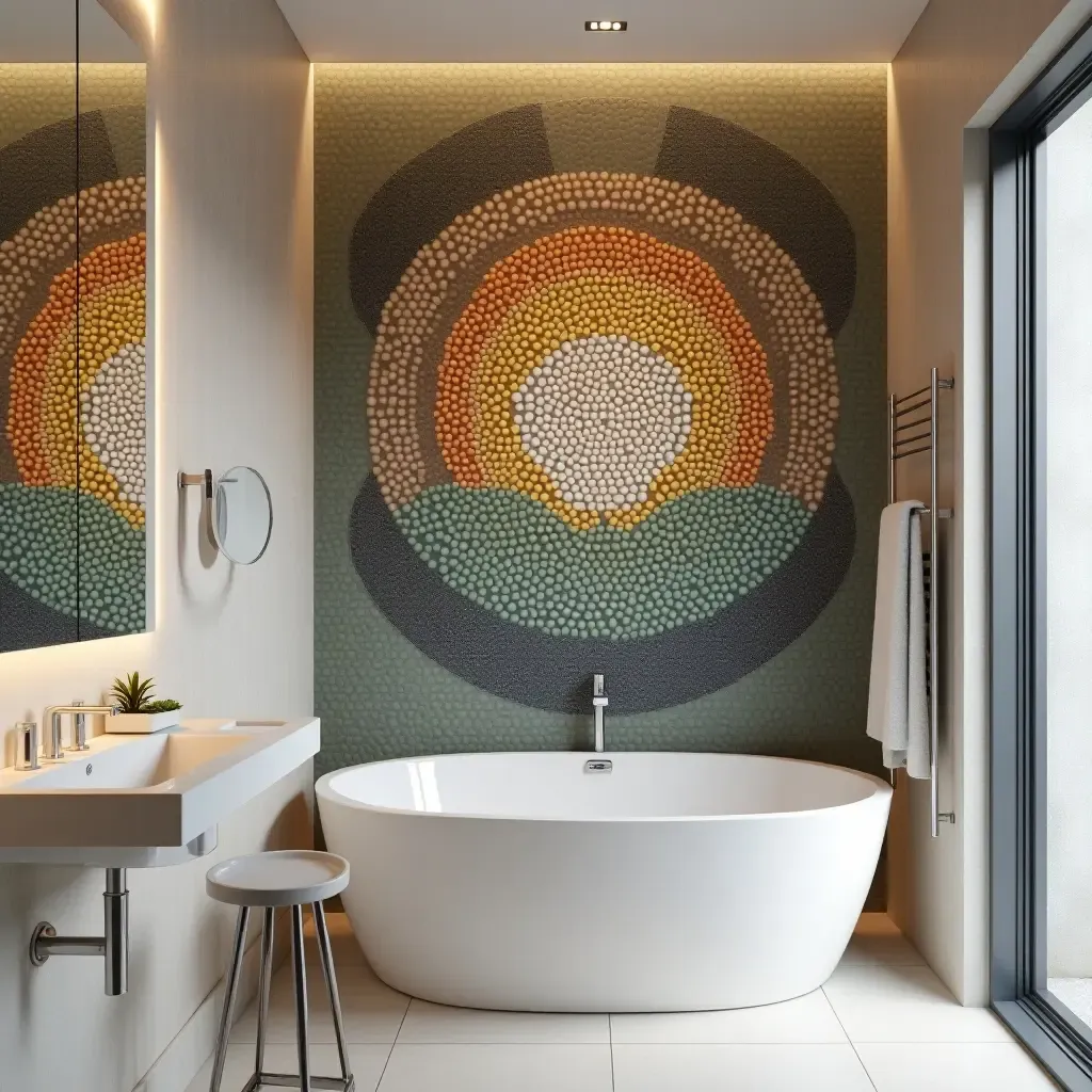 a photo of a bathroom featuring a unique mosaic wall art piece