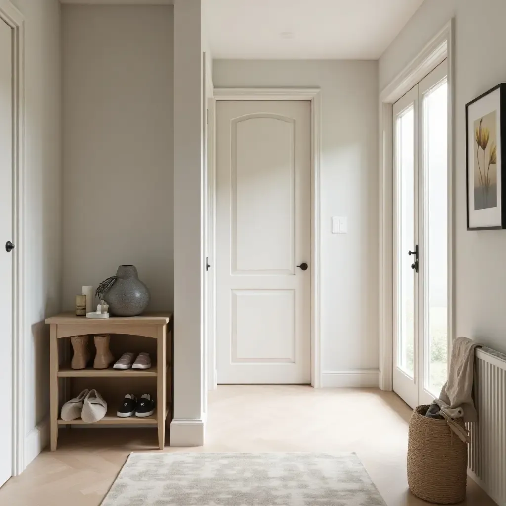 a photo of a bright entrance hall with a compact shoe cabinet