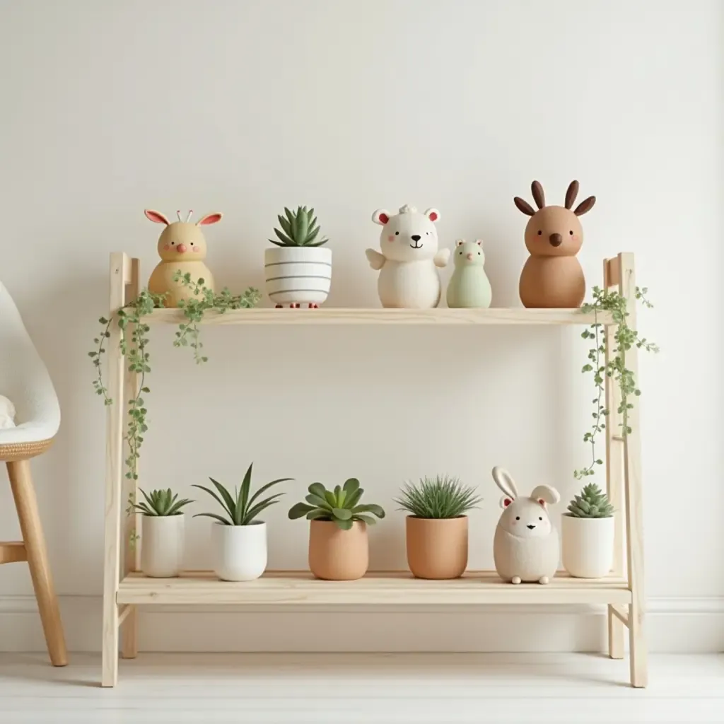 a photo of a nursery with cute animal planters on the shelves