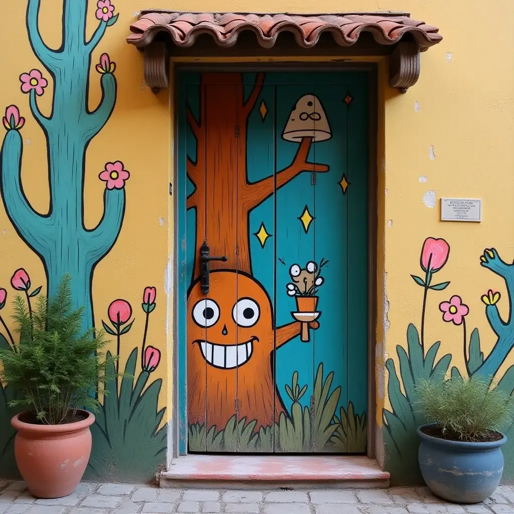 a photo of a whimsical door with unique paint and design