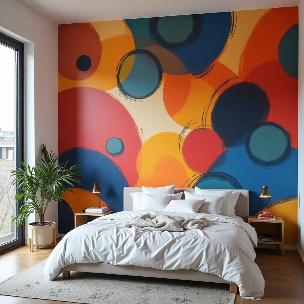 a photo of a vibrant abstract mural on a bedroom wall