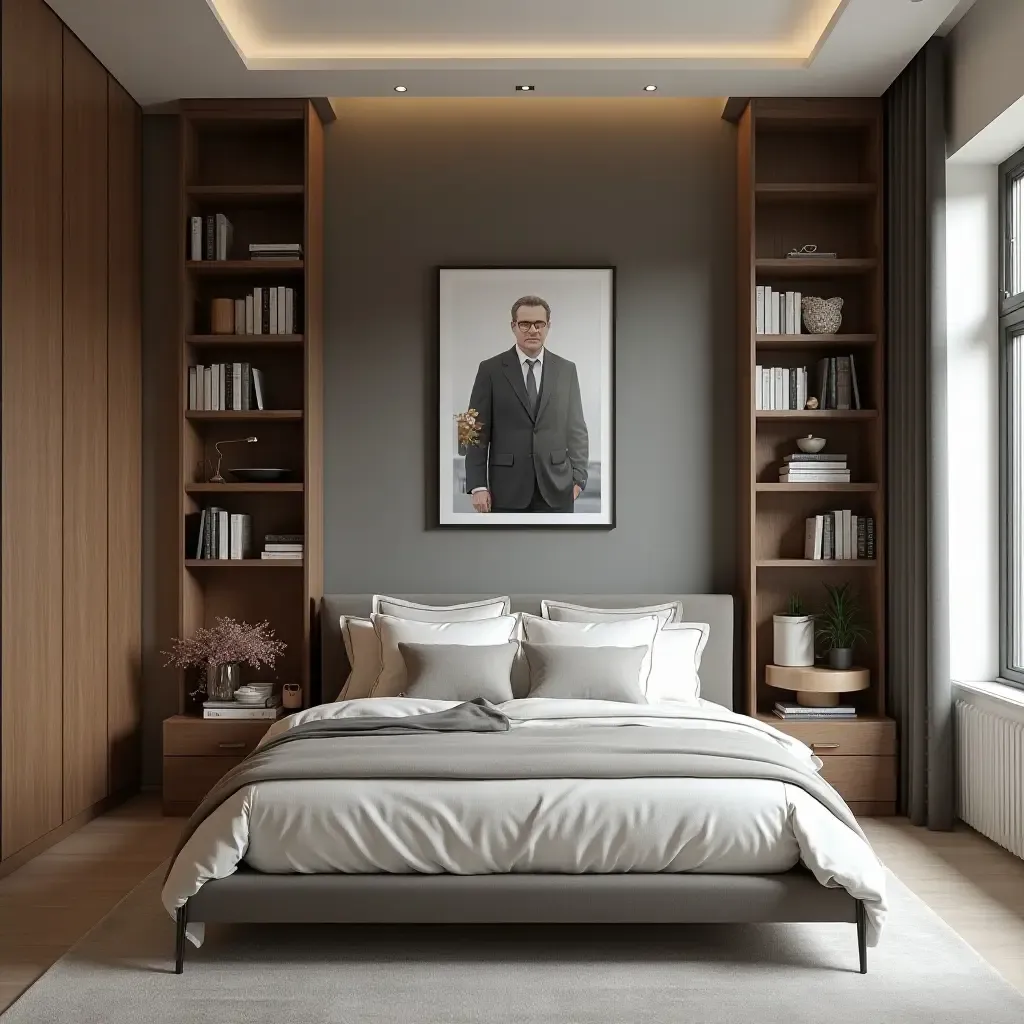 a photo of a sophisticated bedroom with a vintage bookshelf and contemporary art