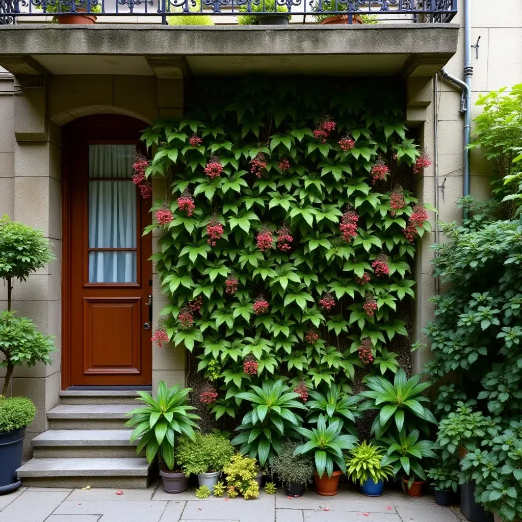 a photo of a balcony featuring a vibrant wall of climbing plants