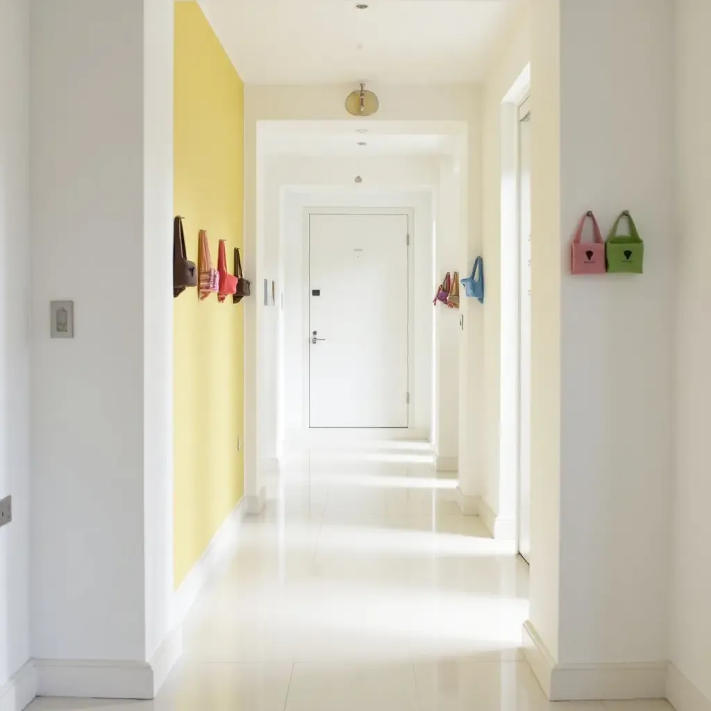 a photo of a bright hallway with colorful wall hooks