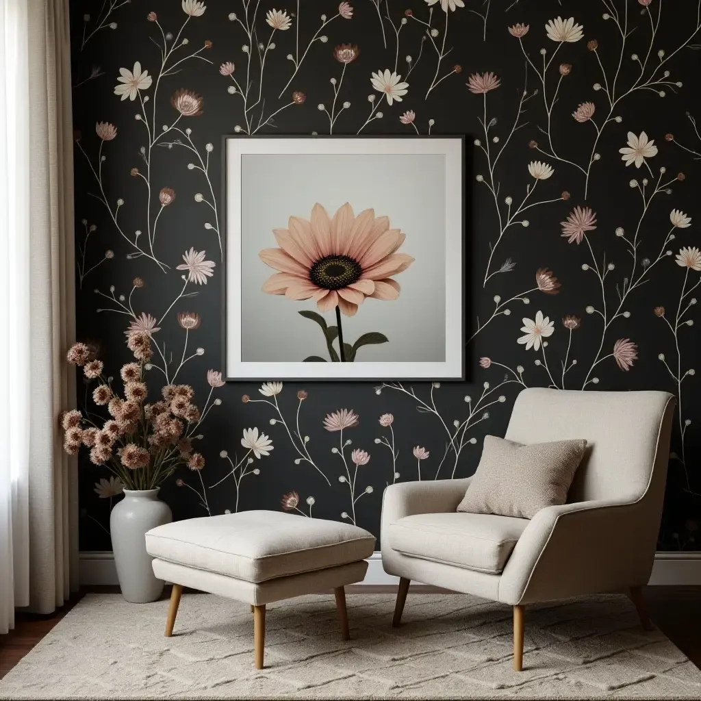 a photo of a wall covered in dark floral wallpaper and framed art