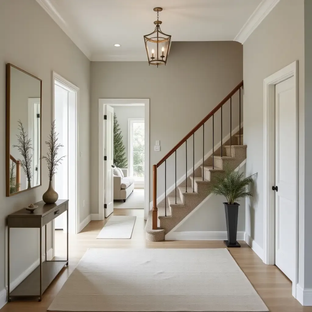 a photo of an entrance hall with metallic accents in the staircase