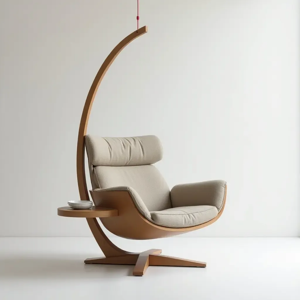 a photo of a sleek hanging chair with a built-in side table