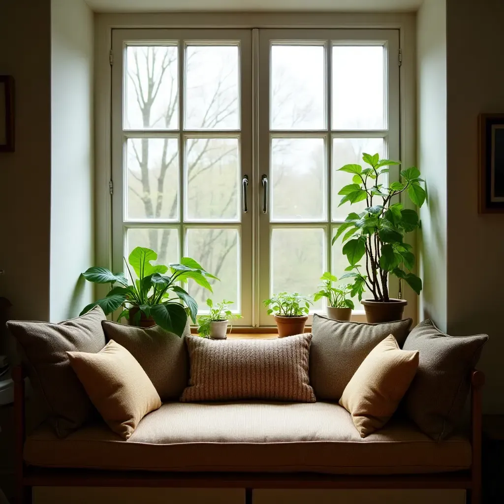 a photo of a window seat filled with cushions and potted plants