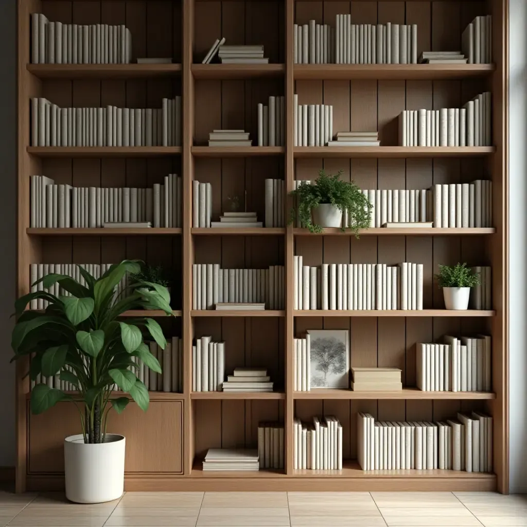 a photo of a library shelf with a plant stand