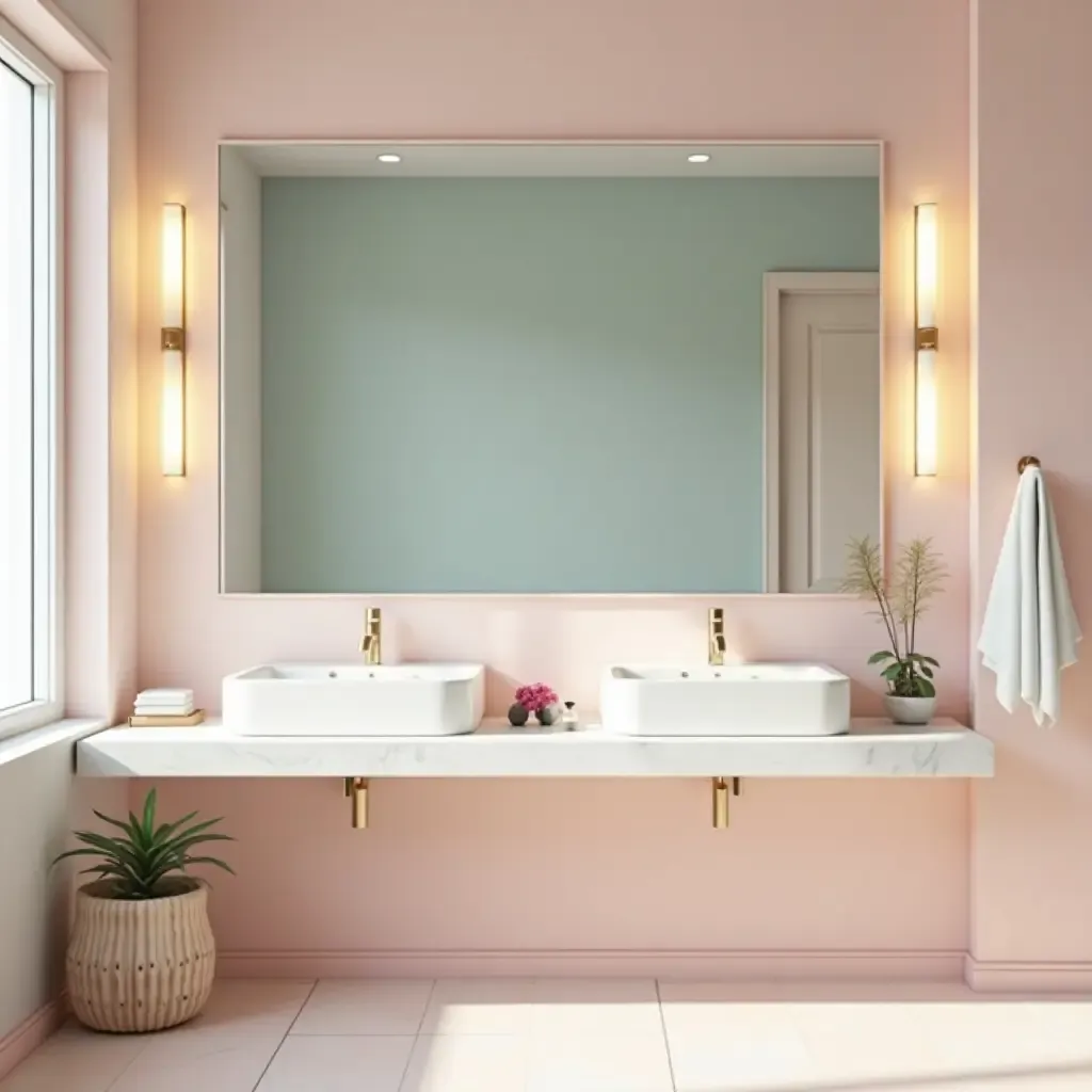 a photo of a serene bathroom featuring a large mirror and pastel colors