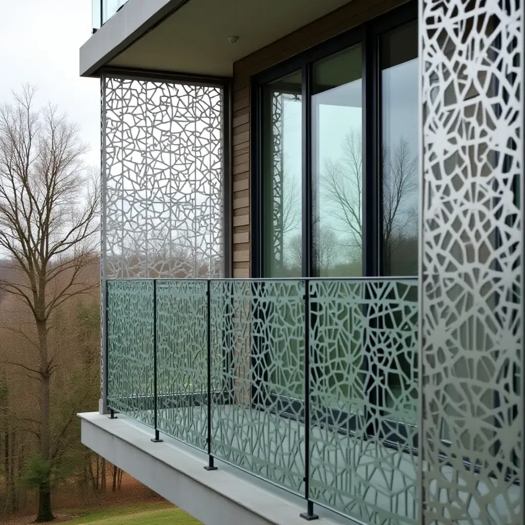 a photo of a glass balcony featuring artistic metal privacy partitions