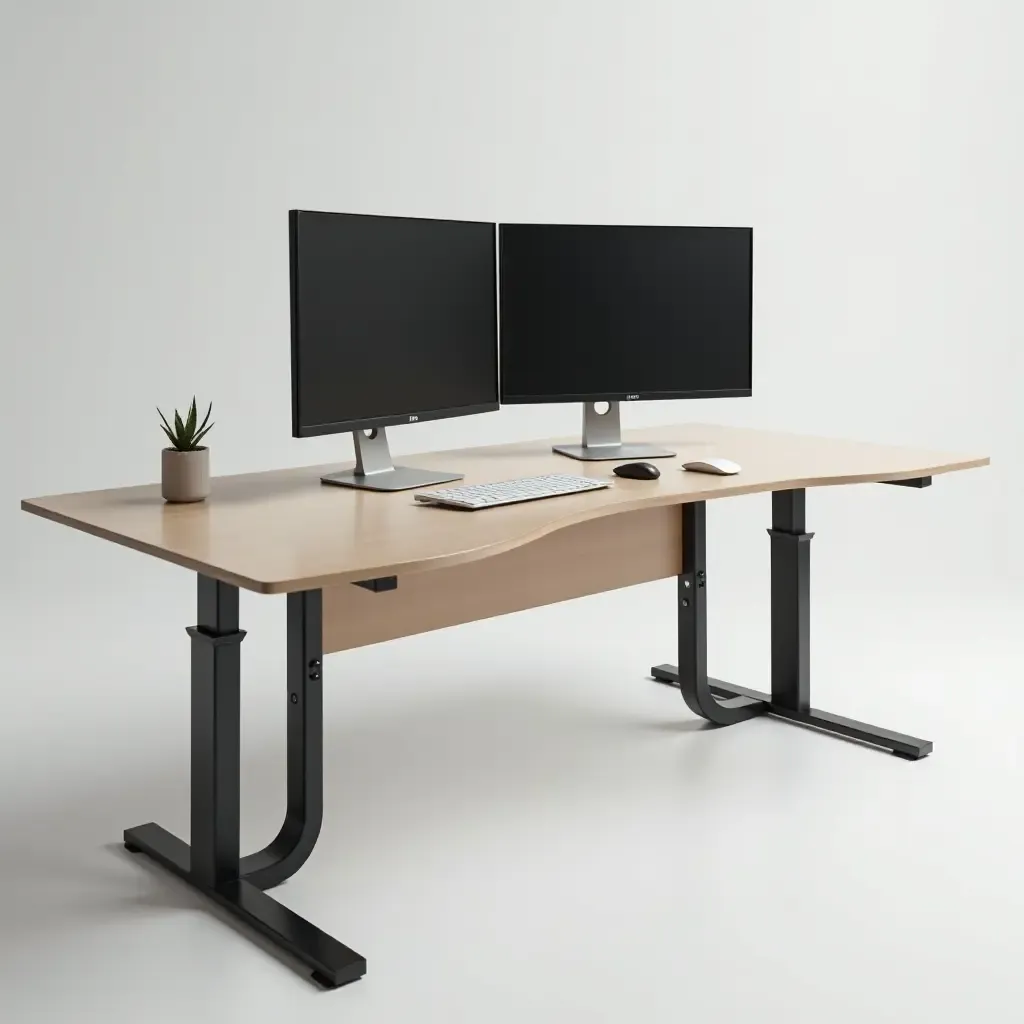 a photo of a modern ergonomic desk with dual monitors and a standing option