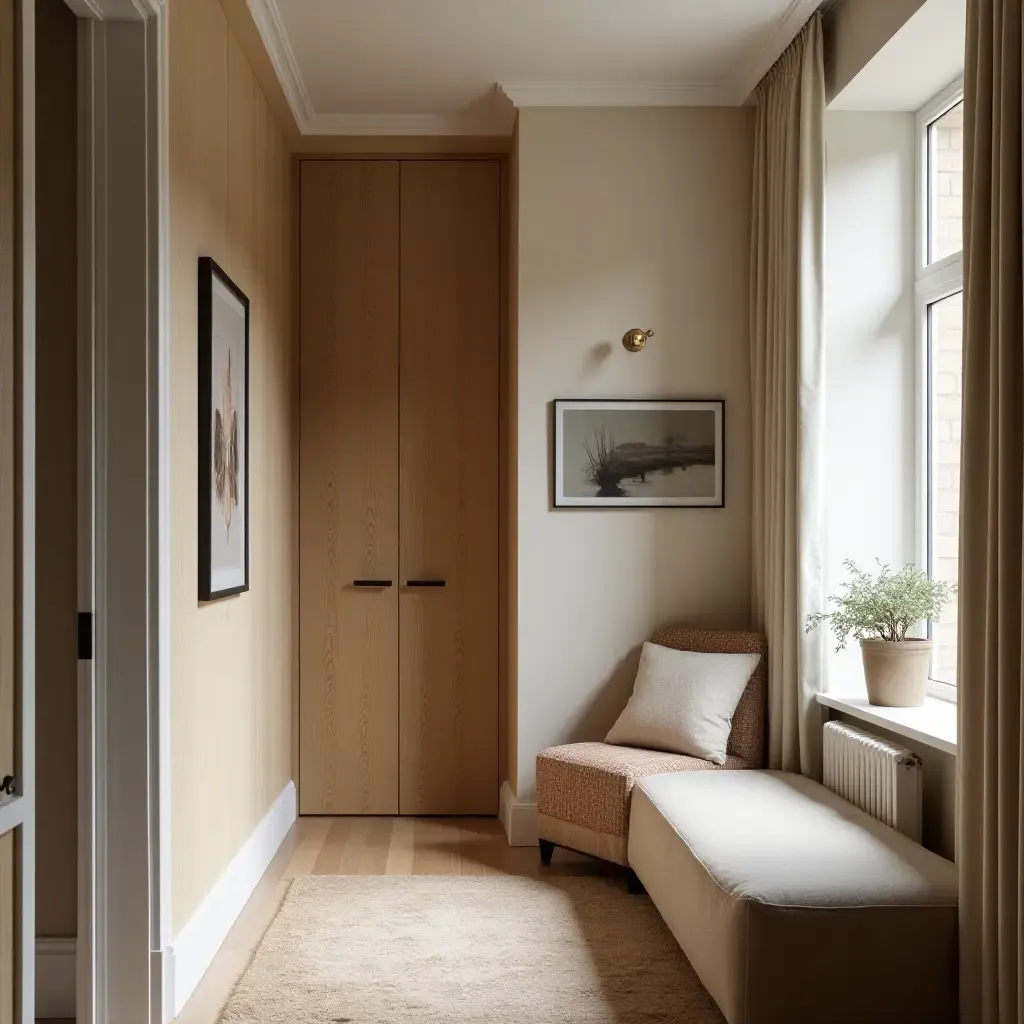 a photo of a narrow corridor transformed into a cozy reading nook